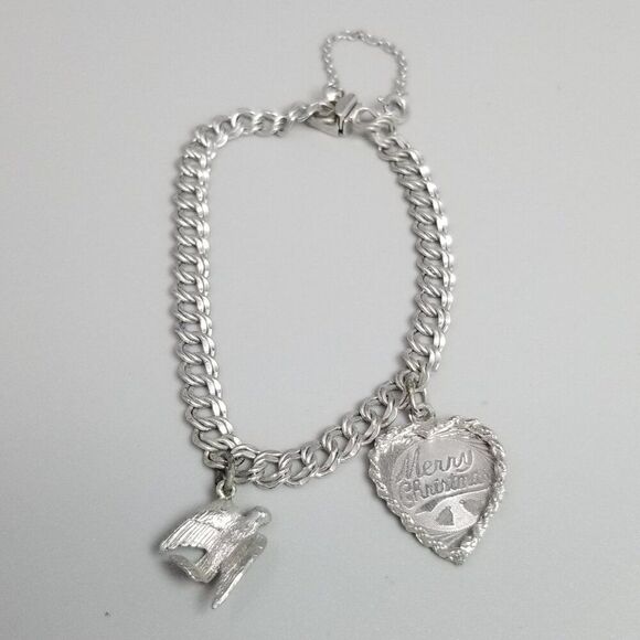 Vintage Elco Sterling Silver Merry Christmas Dove Charm Bracelet, Double Link - Picture 2 of 10